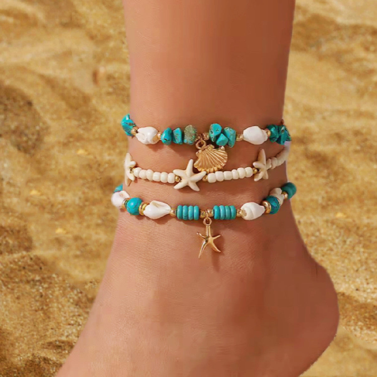 Starfish multi-layer rice bead anklet