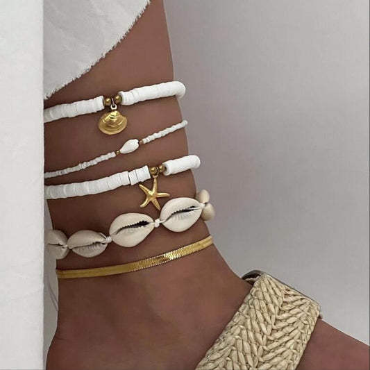 Juego de 5 tobilleras de concha y estrella de mar 