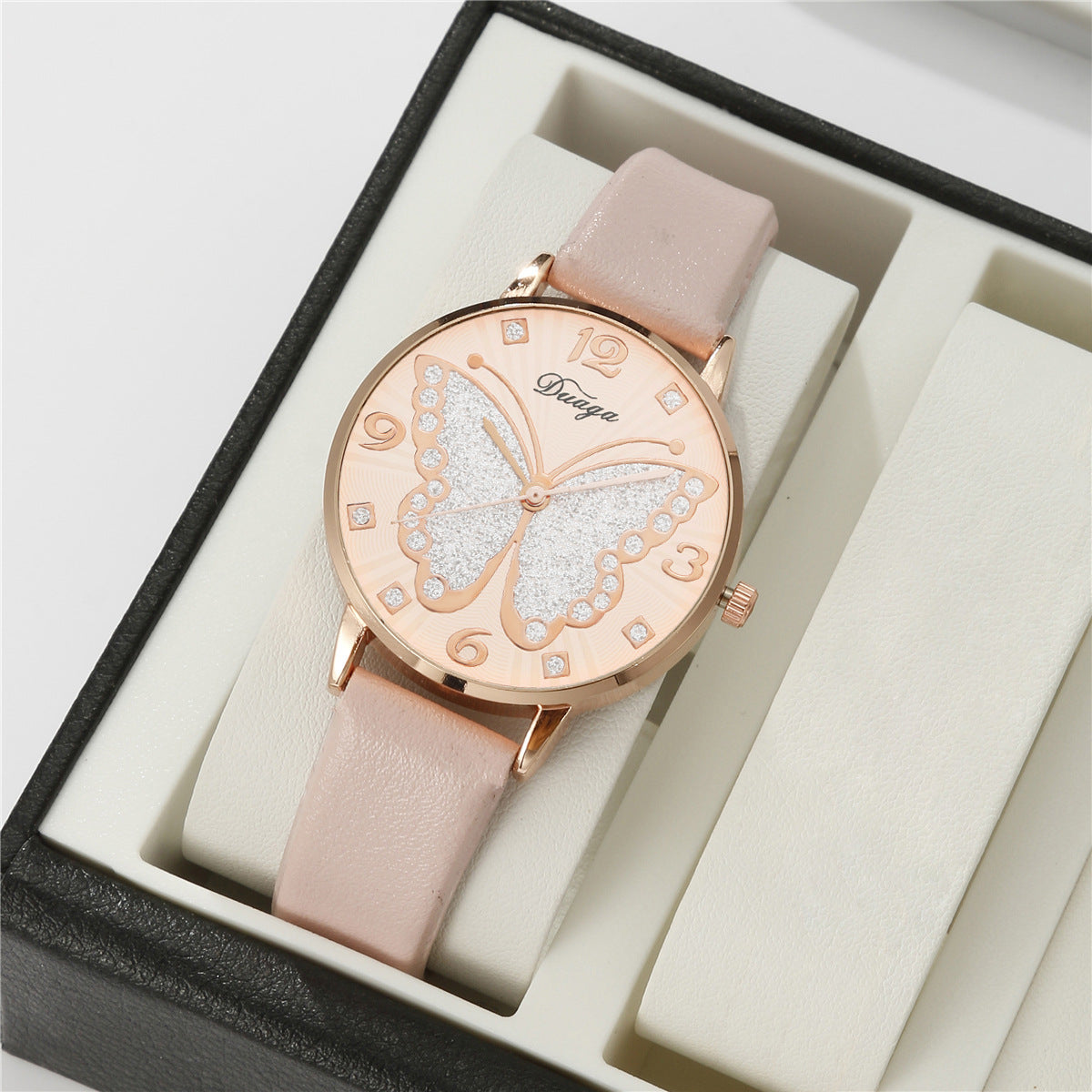 Rose Gold Diamond Butterfly Watch Pearl Jewelry Set