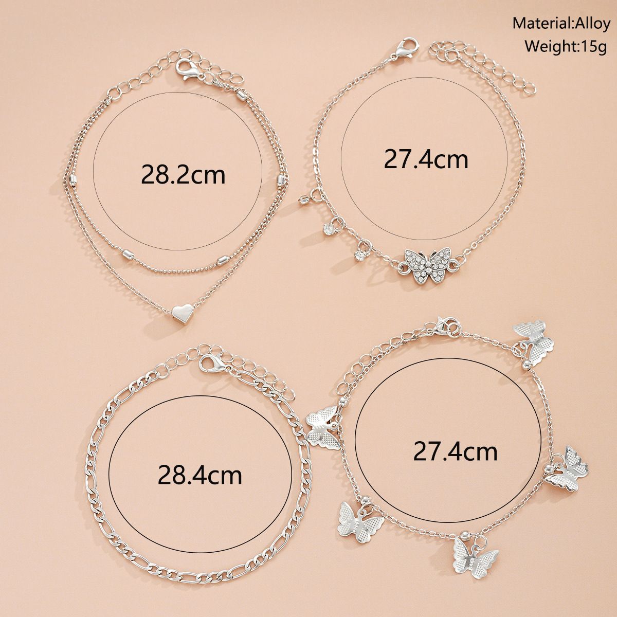 4-Piece Butterfly Bead Heart Anklet Set