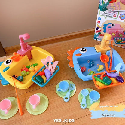 Children's Electric Dinosaur Dishwashing Sink Toy with Circulating Water Fishing Dishwasher 2-in-1 Kitchen Pretend Play Toy