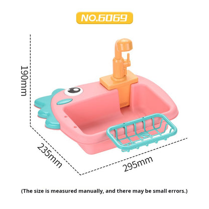 Children's Electric Dinosaur Dishwashing Sink Toy with Circulating Water Fishing Dishwasher 2-in-1 Kitchen Pretend Play Toy