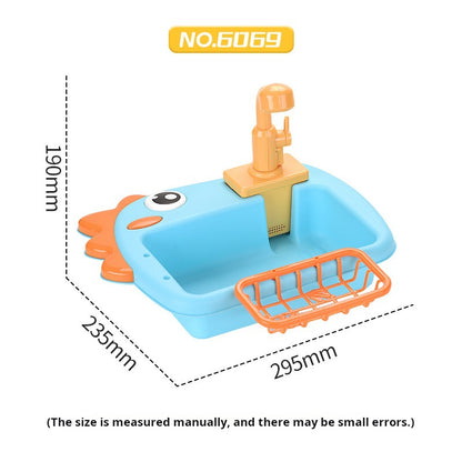Children's Electric Dinosaur Dishwashing Sink Toy with Circulating Water Fishing Dishwasher 2-in-1 Kitchen Pretend Play Toy