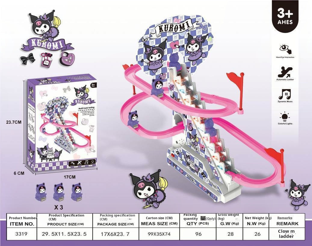 Sanrio-pista deslizante eléctrica para subir escaleras, juguete con sonido y luz, coche de pista eléctrico educativo Kuromi para niños 
