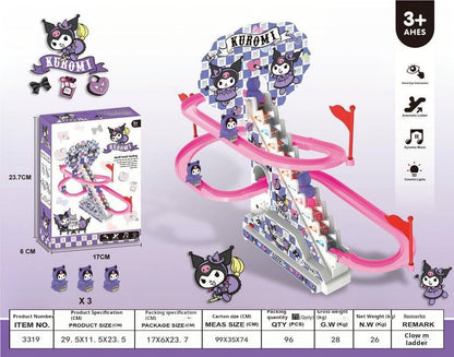 Sanrio-pista deslizante eléctrica para subir escaleras, juguete con sonido y luz, coche de pista eléctrico educativo Kuromi para niños 