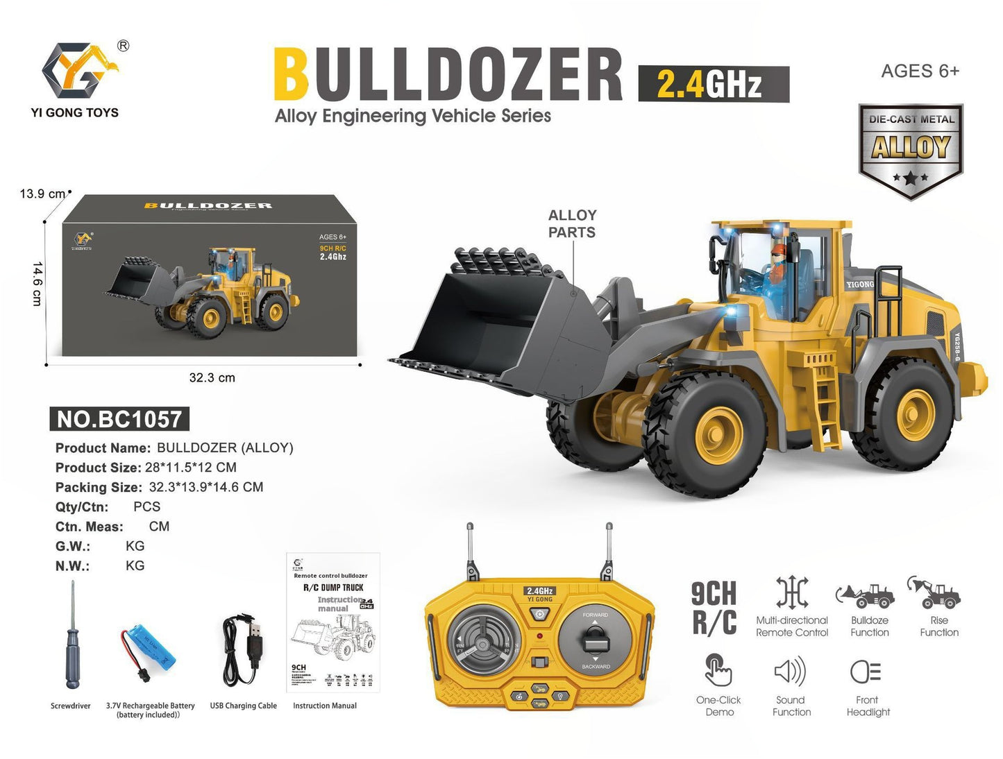 Alloy 11-Channel Remote Control Children's Toy Car Wireless Electric Simulation Excavator and Bulldozer Construction Vehicle Toy