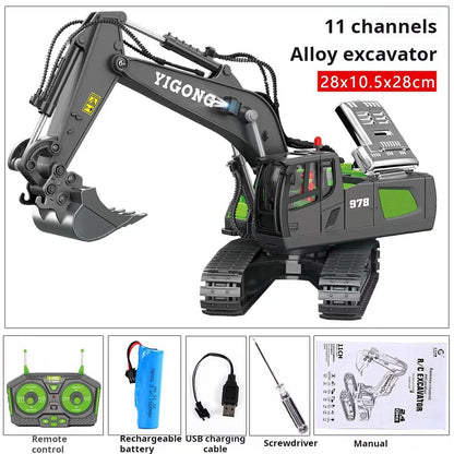 Alloy 11-Channel Remote Control Children's Toy Car Wireless Electric Simulation Excavator and Bulldozer Construction Vehicle Toy