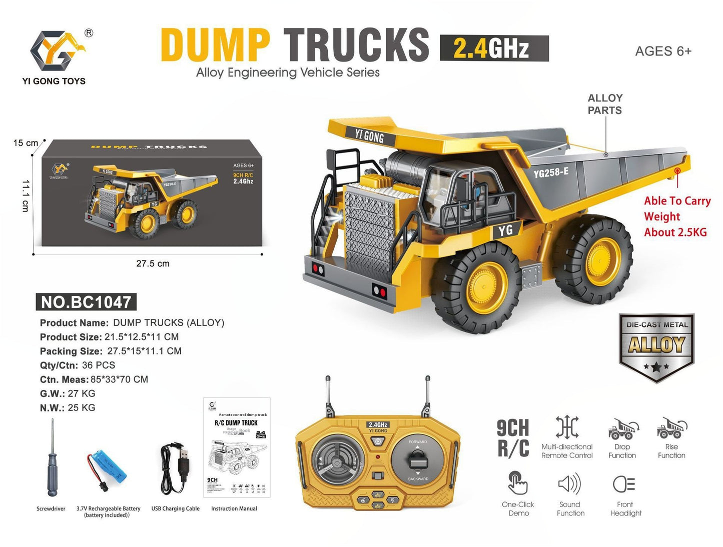 Alloy 11-Channel Remote Control Children's Toy Car Wireless Electric Simulation Excavator and Bulldozer Construction Vehicle Toy