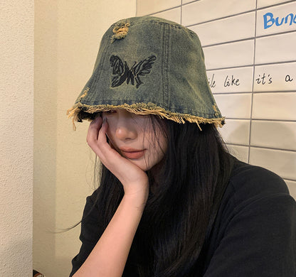 Vintage Embroidered Butterfly Denim Bucket Hat