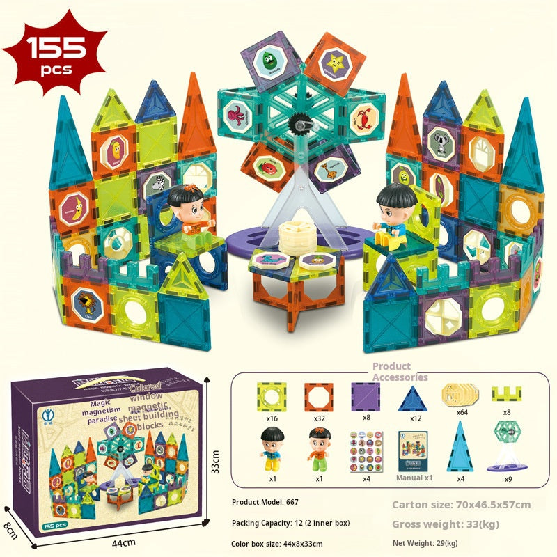 Educational Magnetic Tiles Toy, Colorful Window Pipes Ball Track Building Blocks
